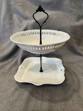 Handcrafted 2-tiered White Porcelain Trinket/Serving Dish